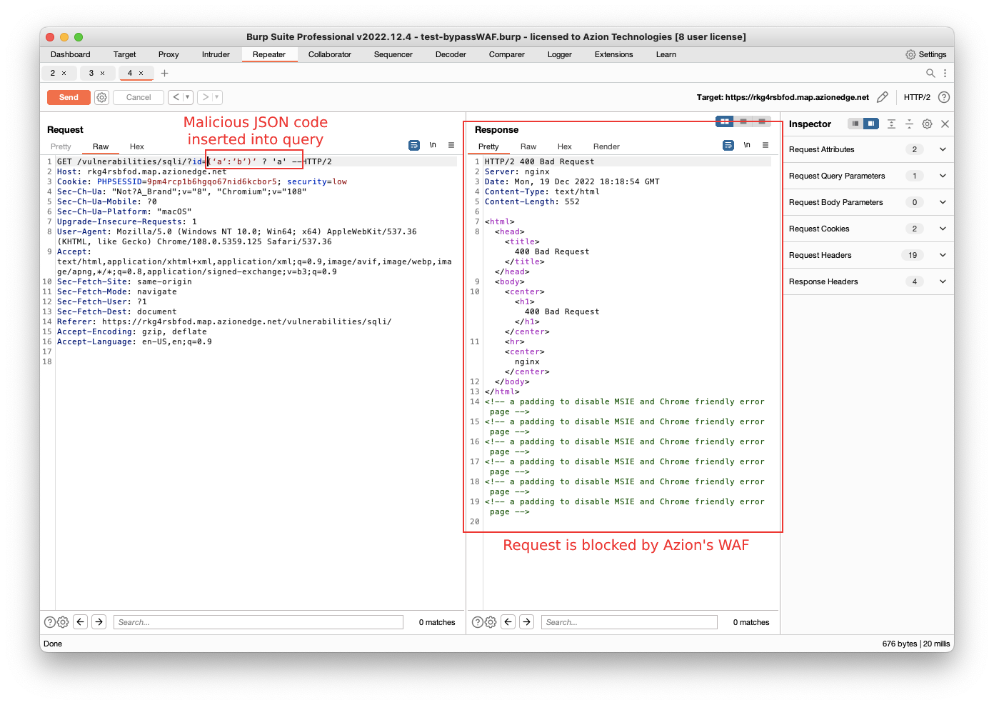 azion waf in action One of the attacks demonstrated by Team82 is blocked by Azion's Web Application Firewall