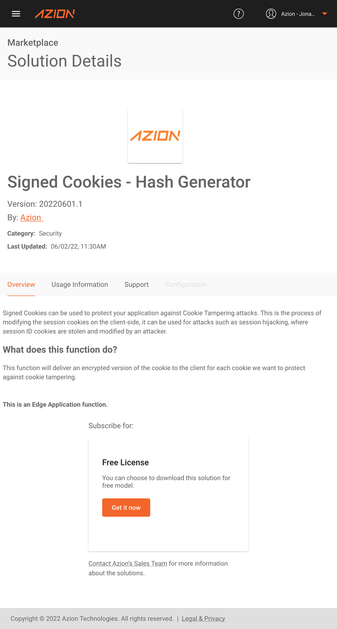 Card from the Signed Cookies solution of the Azion's Marketplace Image with card from the Signed Cookies solution of the Azion's Marketplace