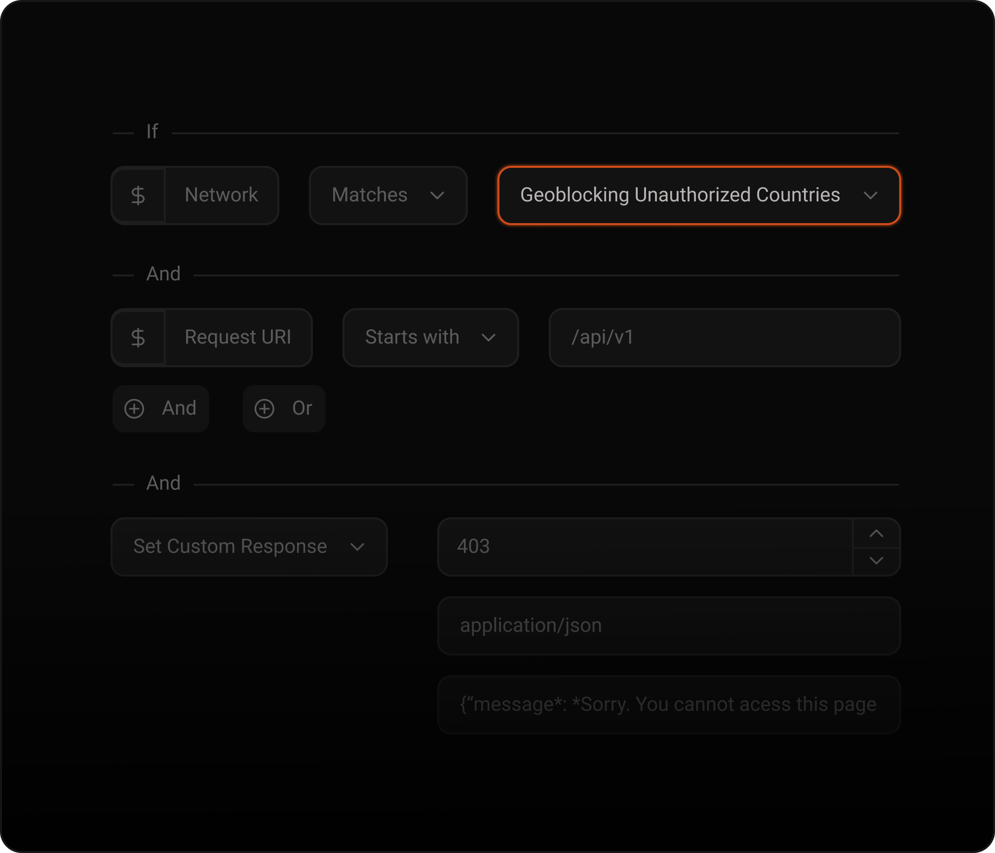 Configuración del Rules Engine de Network Shield mostrando criterios de network list y comportamiento de deny