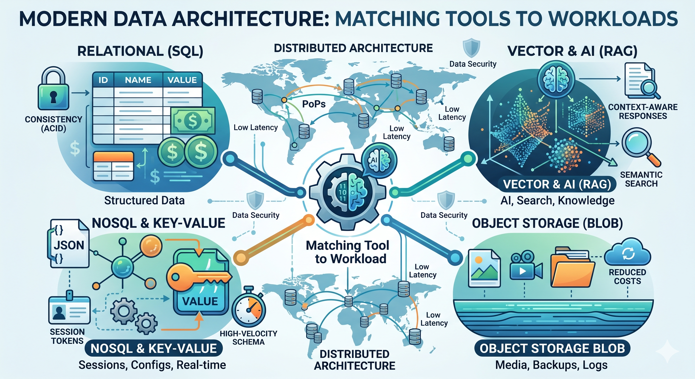 Modern data architecture diagram showing SQL, NoSQL, vector databases, and object storage deployed on distributed edge infrastructure with global replication