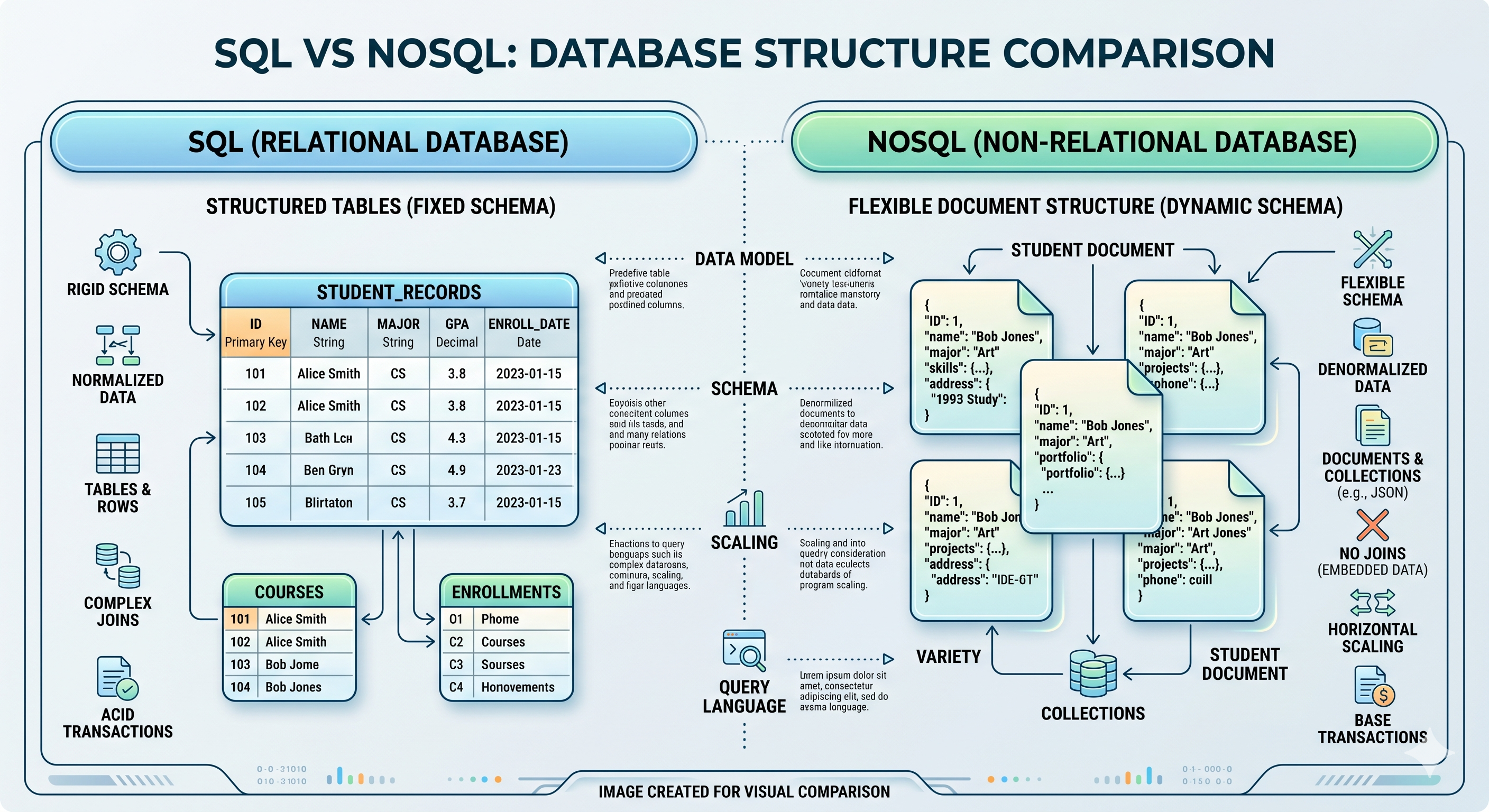 SQL vs NoSQL comparison diagram showing structured tables versus flexible document structure