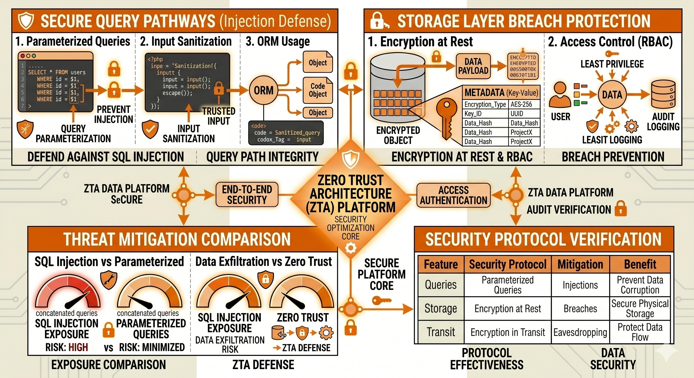 Database security requires defending query pathways against injection attacks and protecting the storage layer against unauthorized breaches