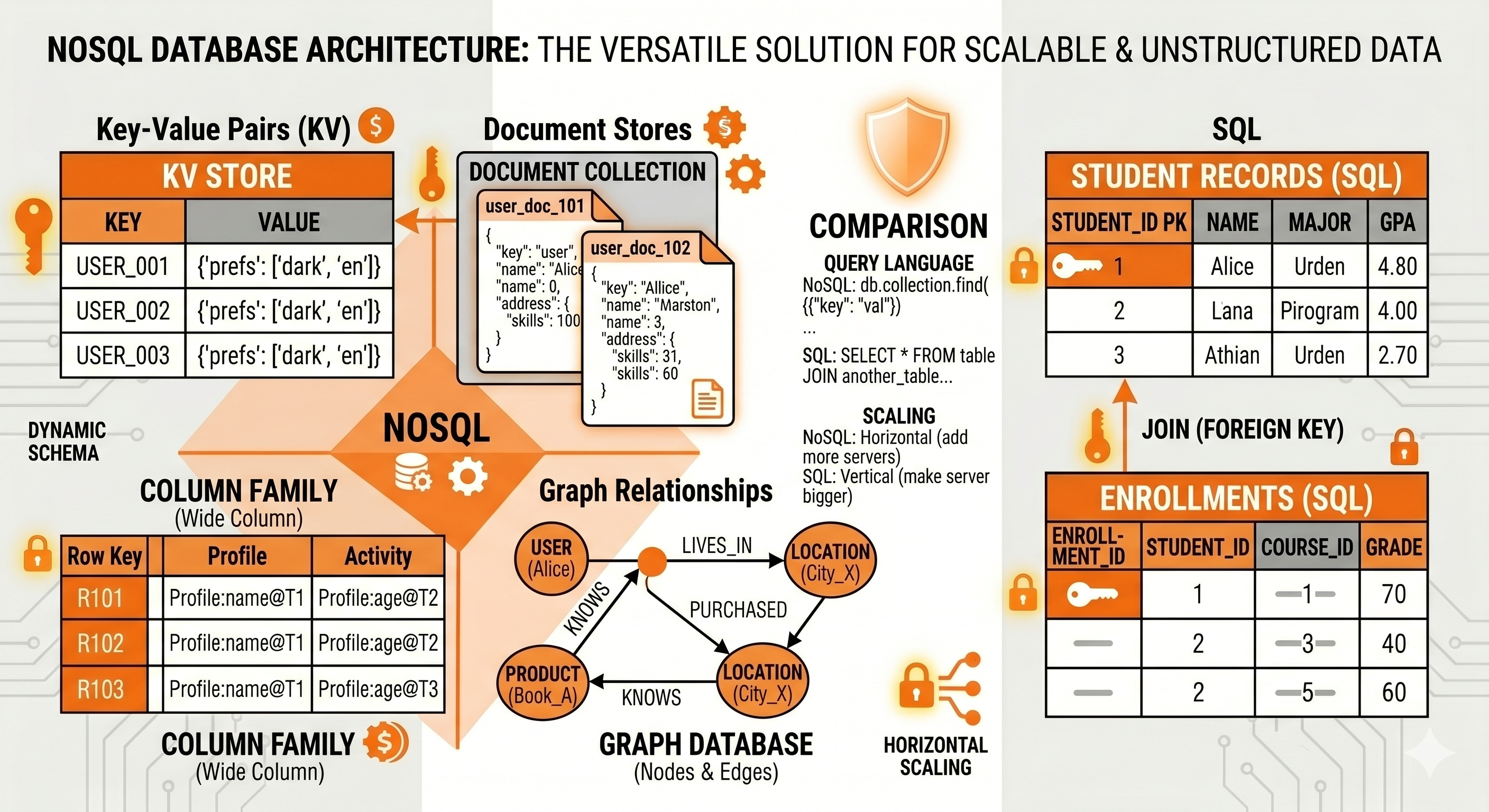 NoSQL database architecture showing key-value pairs, document stores, column families, and graph relationships compared to relational tables