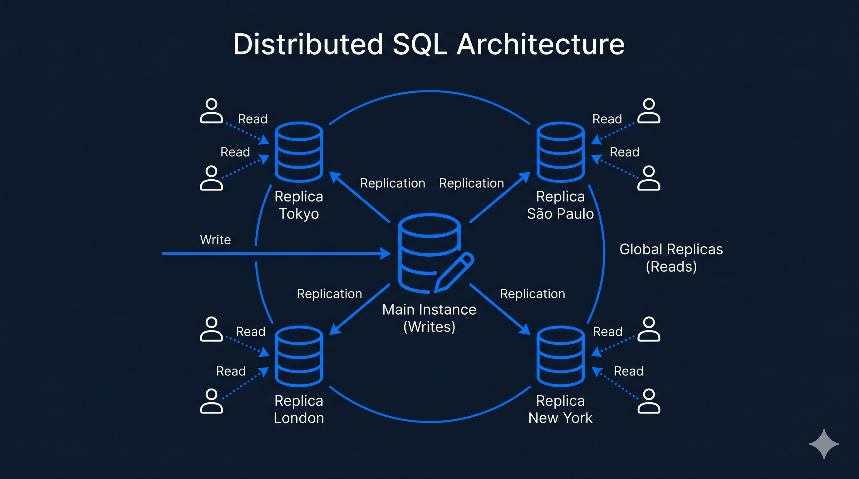 Serverless SQL database architecture diagram showing distributed main and replicas
