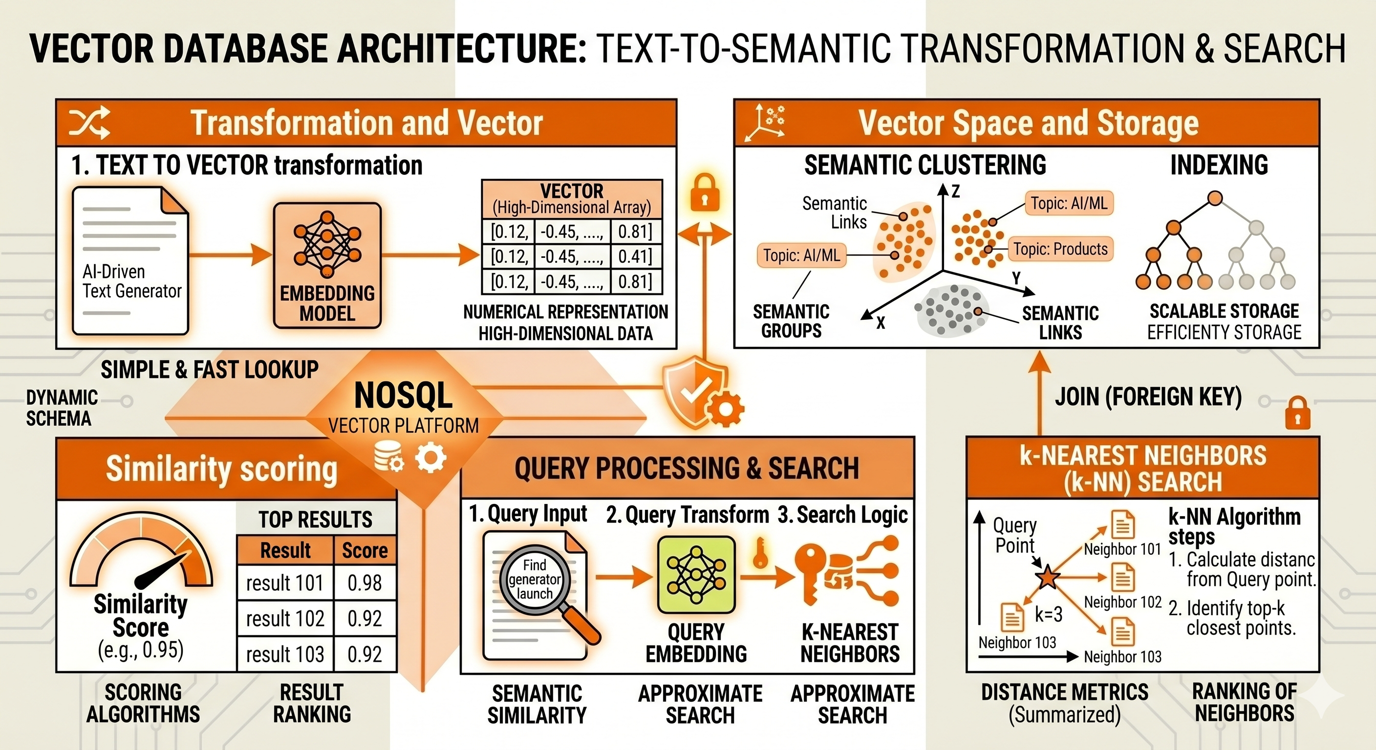 Vector database architecture diagram showing text-to-embedding transformation, multidimensional vector space with semantic clustering, k-nearest neighbors search algorithm, and similarity scoring