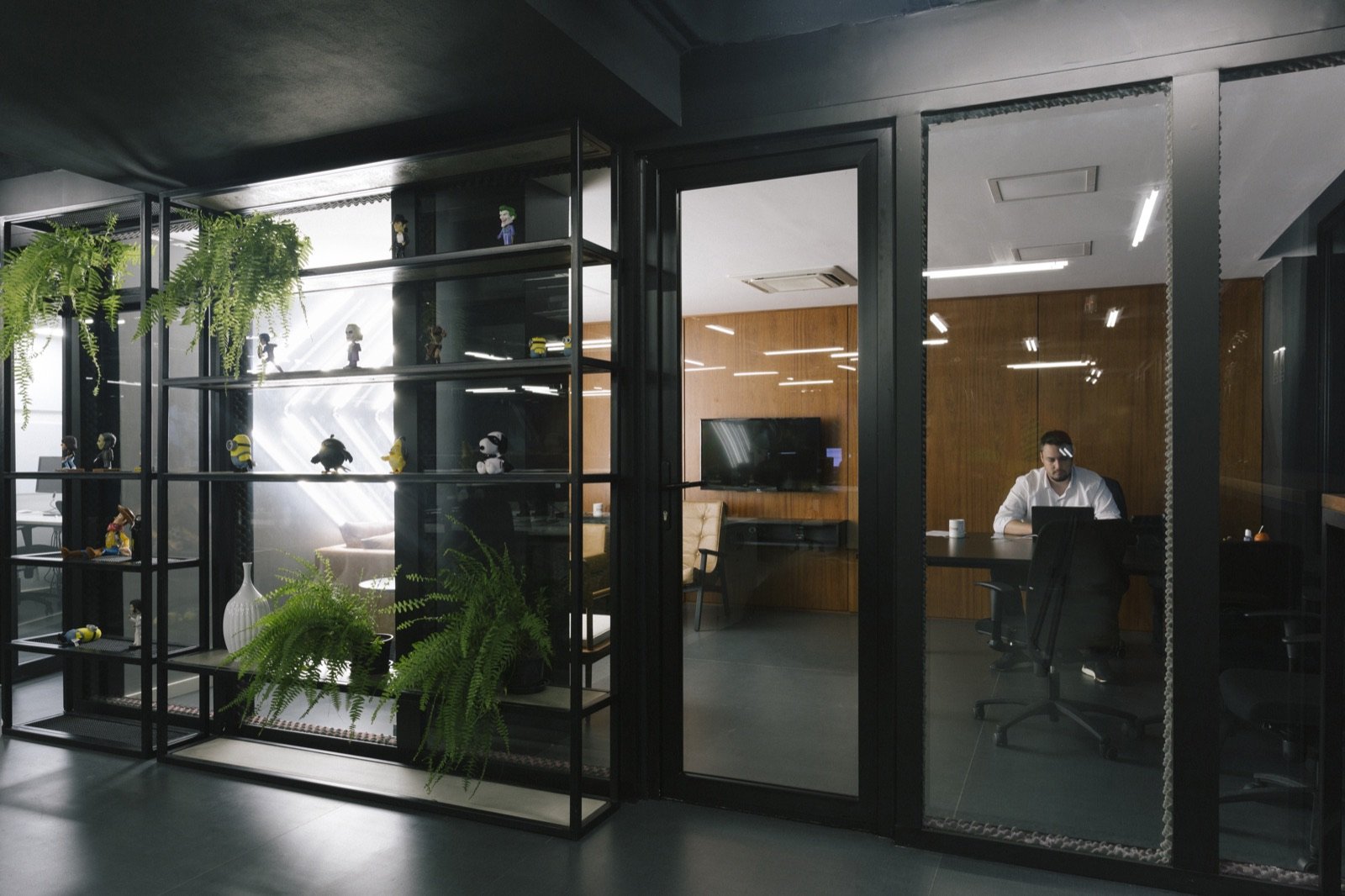 Shelves of ferns and collectible figures beside a glass-walled meeting room